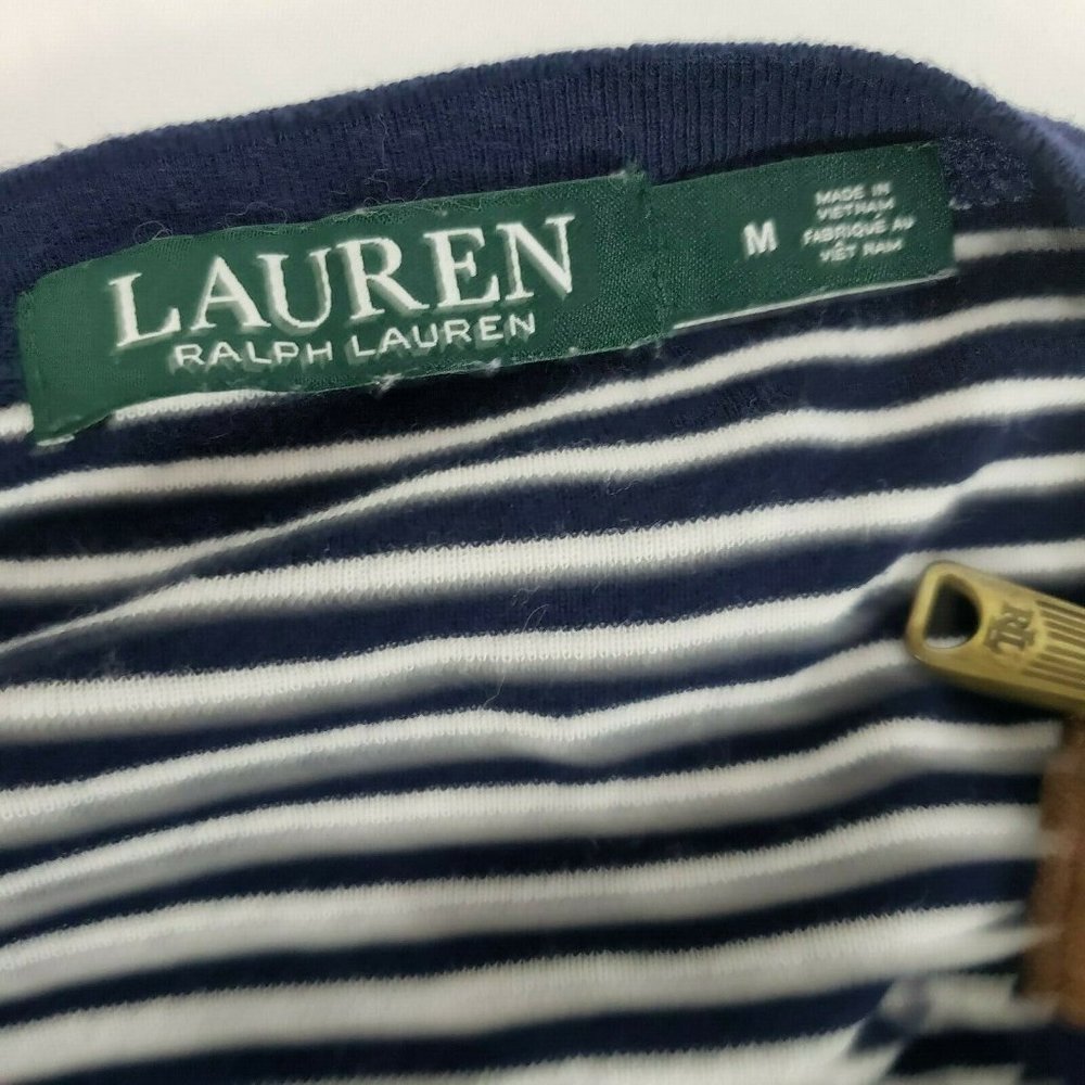 Lauren Ralph Lauren Womens top blue White Striped leather patch Shirt Medium‎ - Picture 8 of 10
